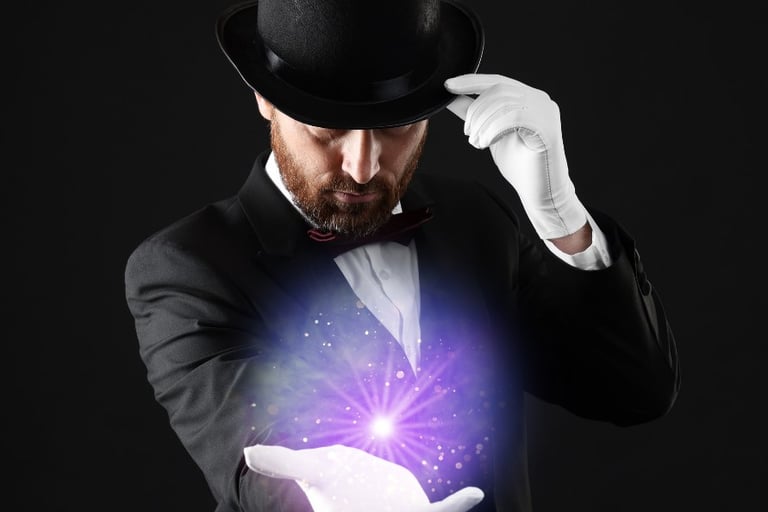 a man in a tuxedo hat and gloves holding a magic wand