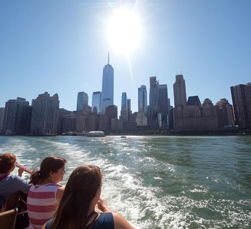a group of people on a boat in the water watching the architecture of nyc