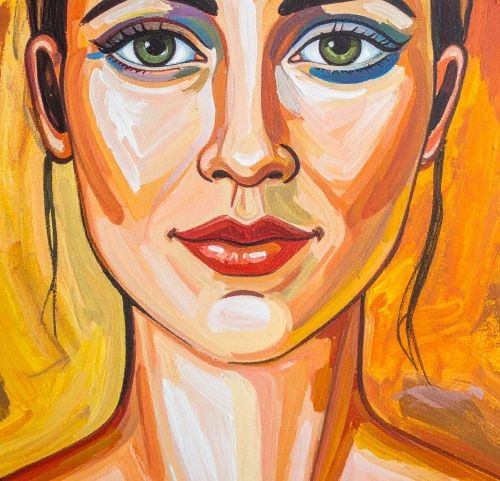 a painting of a woman with a yellow background