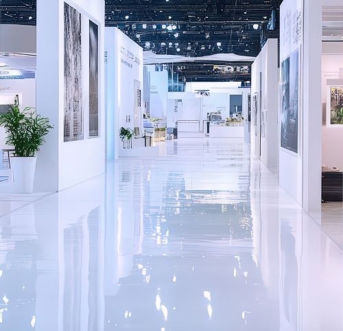 Polished white high-gloss flooring in a modern art gallery hallway with bright exhibition booths.