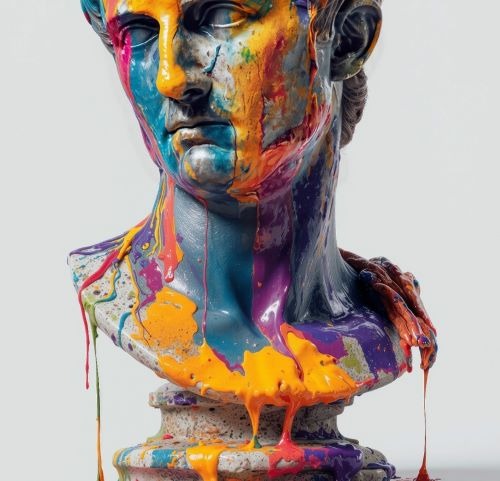 a sculpture of a bust of a man with a colorful paint covered head