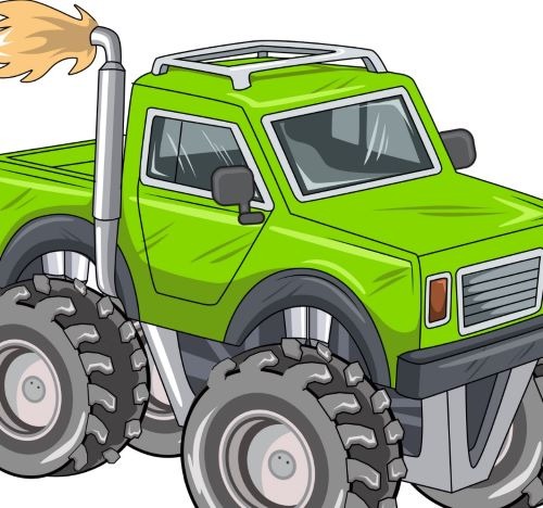 a cartoon monster truck with a flame on it