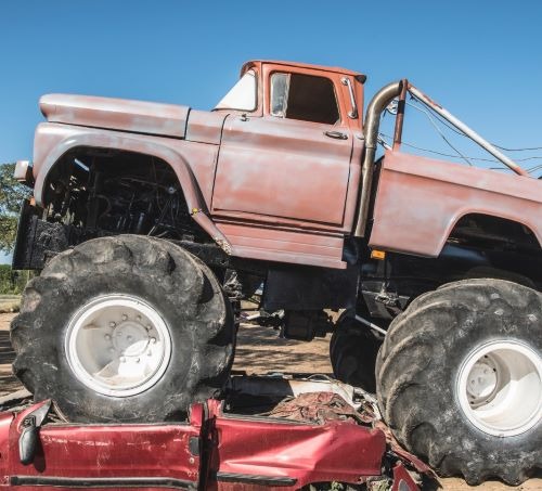 a truck with a large truck on it's back