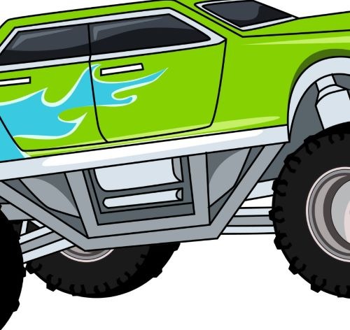 a cartoon monster truck with a green flame