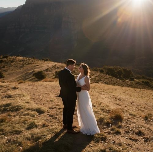 a bride and groom standing on a mountain top