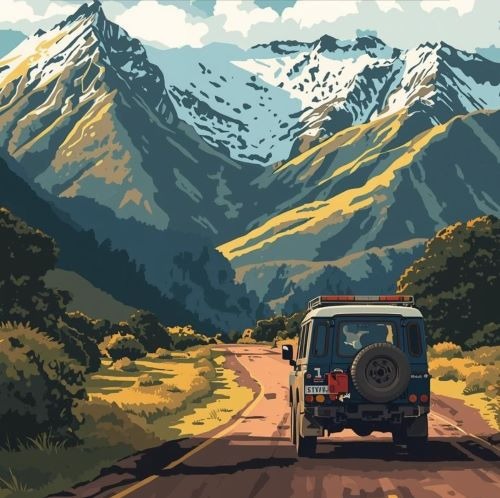 a car driving down a dirt road with mountains in the background