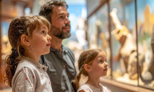 a man and a little girl are looking at a display of a museum