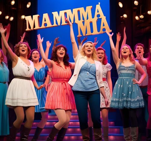 a group of women in dresses and hats are standing on a stage