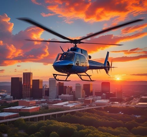 a helicopter flying over a city at sunset