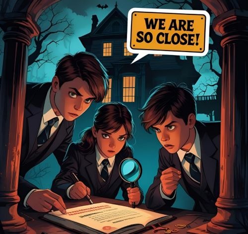 young detectives in search for a clue in a murder mystery