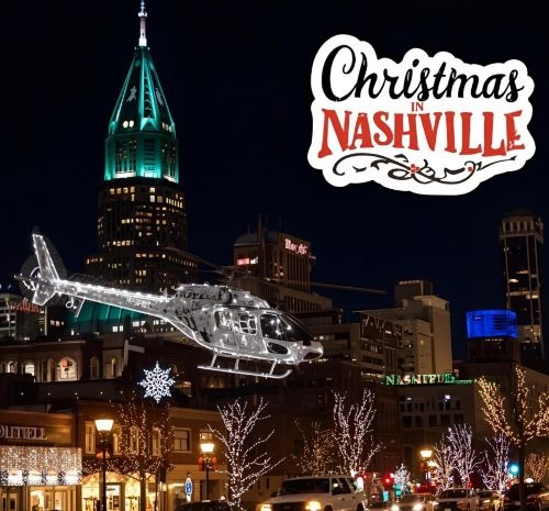 a helicopter flying over a city at night