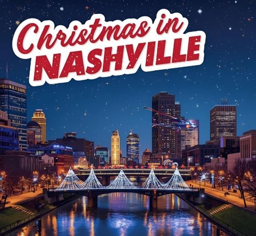 a christmas card with a christmas tree and a bridge over a river