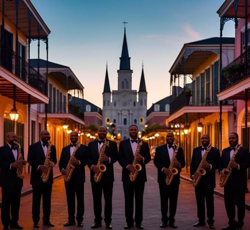 A jazz saxophone ensemble in tuxedos performing in front of St. Louis Cathedral in New Orleans at dusk.