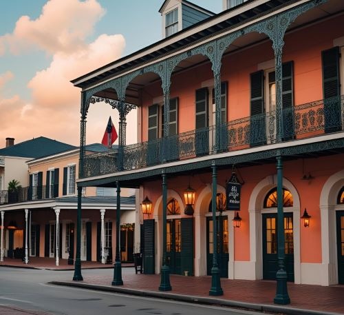 a street scene with a street light and a building
