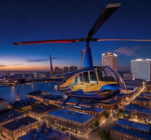a helicopter that is flying over a city