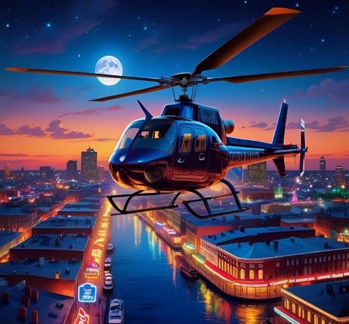 a helicopter helicopter flying over a city at night
