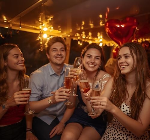 Smiling friends toast with champagne at a festive new year's eve party with warm lights. 