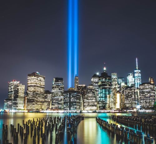 new york -the tribute of the late afternoon light show at the world's end of the