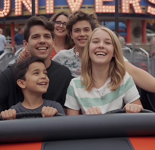 a family of four people riding on a roller coaster