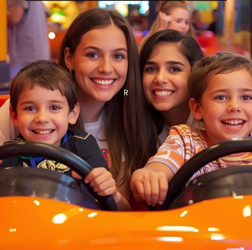 a mother with 3 children in a roller coaster
