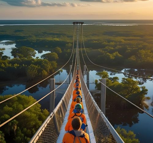 a group of people walking across a suspension bridge