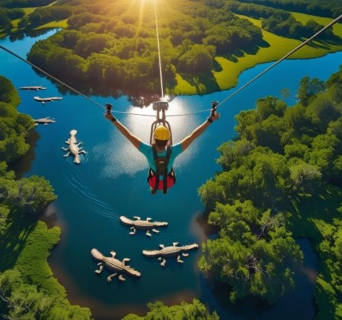 a person on a zipline in the middle of a lake