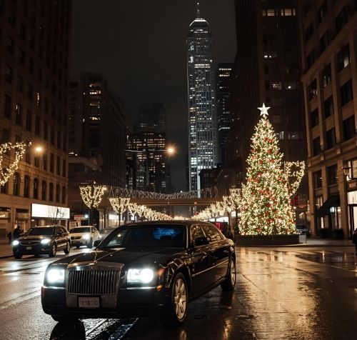 limousine drives in new york with al lot of christmas lights