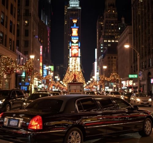 limousine drives in new york with al lot of christmas lights