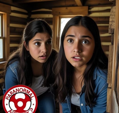 two women standing in a cabin with a skull and crossboned