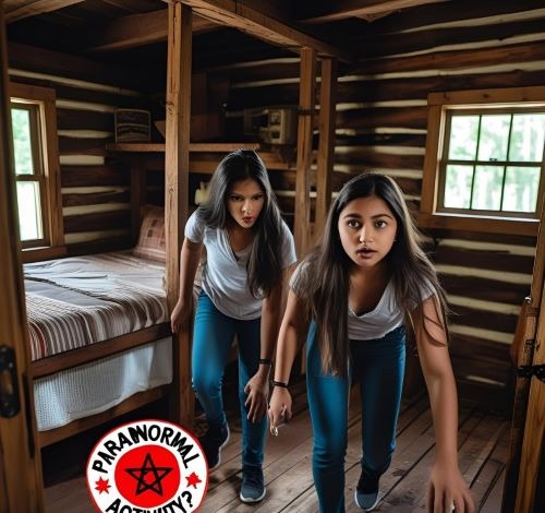two girls standing in a cabin with a star on the floor