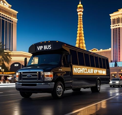 Party bus driving in Las Vegas with the sign ViP nightlife on it
