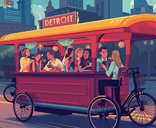 people enjoying a pedal pub tour in Detroit