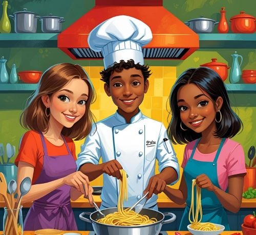 a cartoonish illustration of a chef and two women cooking spaghetti