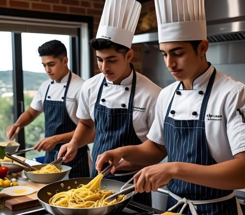 a group of chefs in uniform cooking in a restaurant