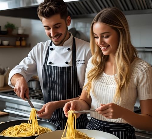 a man and woman cooking spaghettina pasta