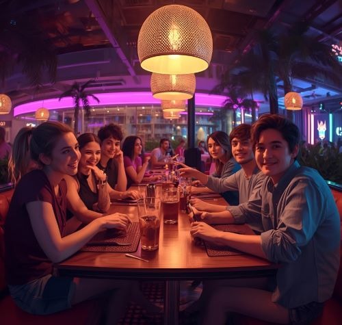 a group of people sitting at a table with drinks