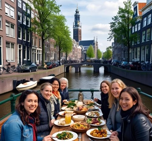 Friends enjoy a private canal boat dinner cruise past historic buildings in Amsterdam.