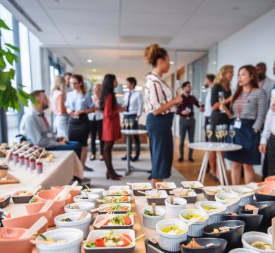a buffet table with a variety of food and drinks