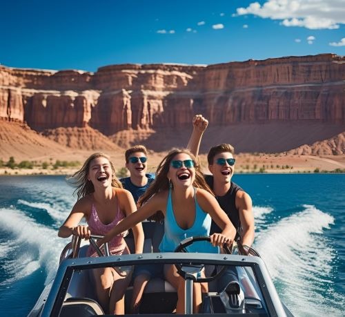 a group of people riding a boat in the water