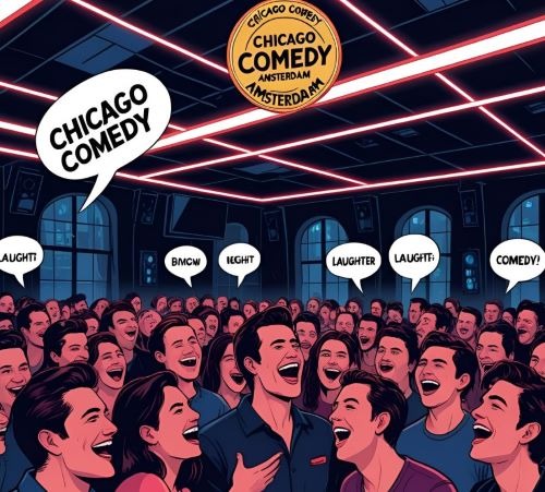 Crowd laughing at a Chicago Comedy Amsterdam club show with red neon lights and speech bubbles.