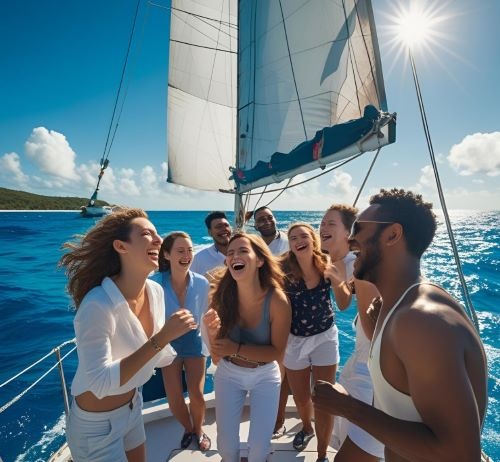 young people enjoying a catamar sail on the ocean
