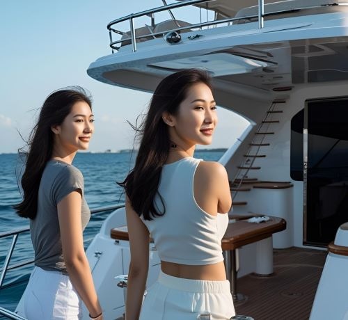 two women standing on a boat 