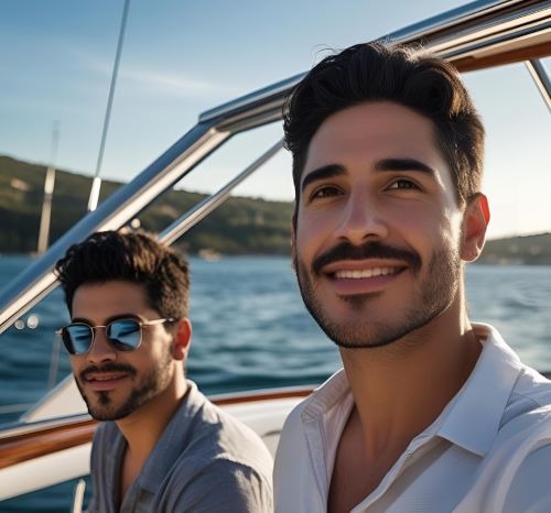 two men sitting on a boat in the ocean