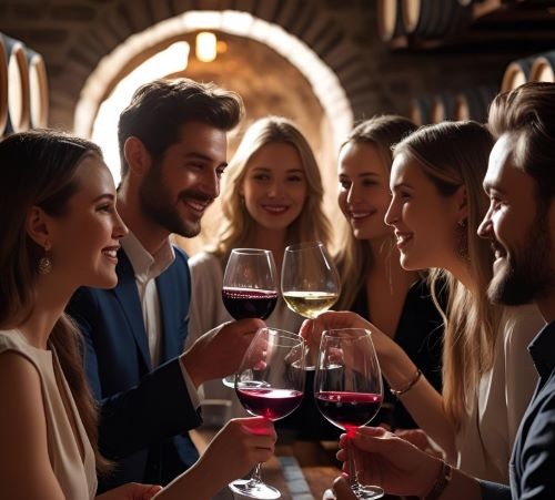 a group of people are enjoying wine and wine