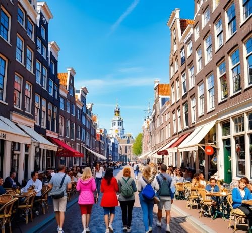 Tourists walking through a historic Amsterdam street lined with traditional Dutch architecture and outdoor cafes.