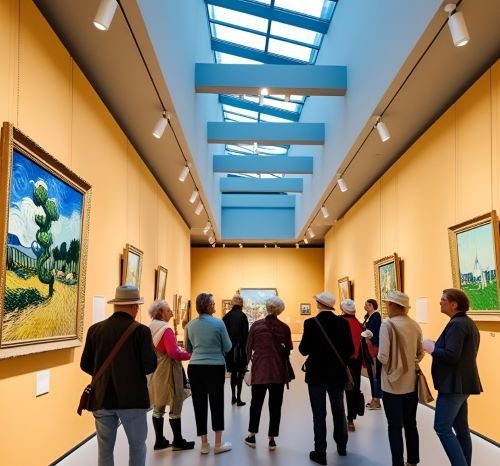 a group of people walking through a museum