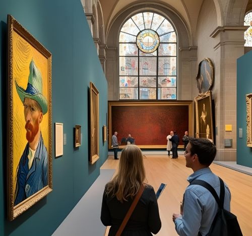Visitors viewing Vincent van Gogh self-portrait in a spacious art museum gallery.