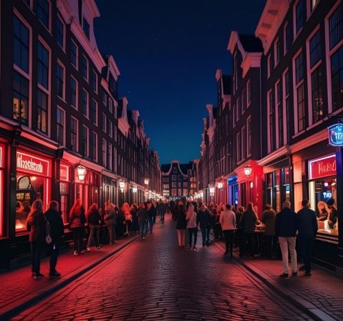 Crowded street in the Amsterdam Red Light District at night with glowing red neon signs and historic architecture.