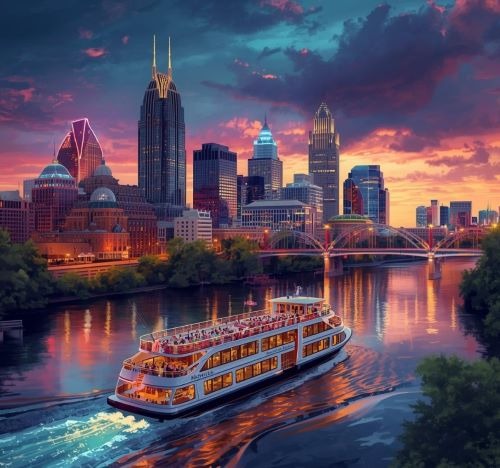 a riverboater in Nashville city at sunset