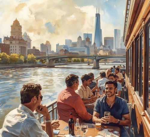 a painting of a group of people sitting at a table